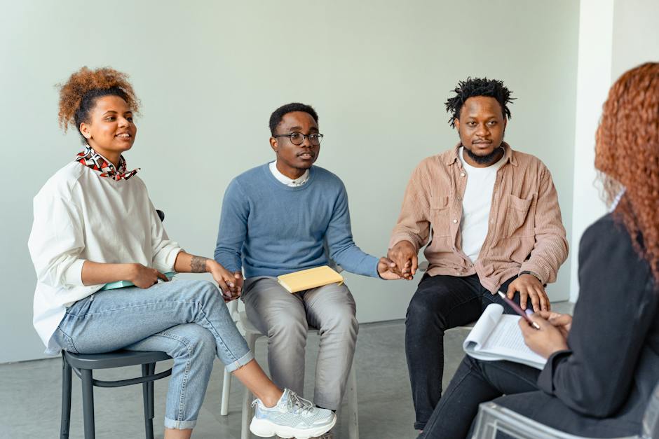 Image description: A group of men participating in a therapy session, symbolizing the importance of mental health support for men.