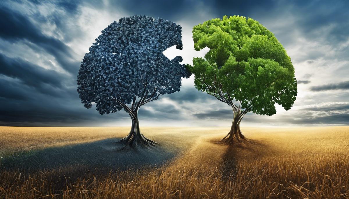 An image of two interconnected puzzle pieces symbolizing the interplay of genetics and environment in mental health.