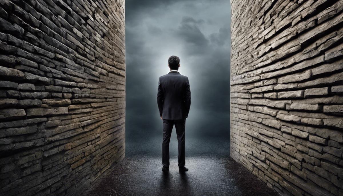 Image illustrating a man standing behind a wall of stigma, representing the societal challenges faced by men with mental health issues.