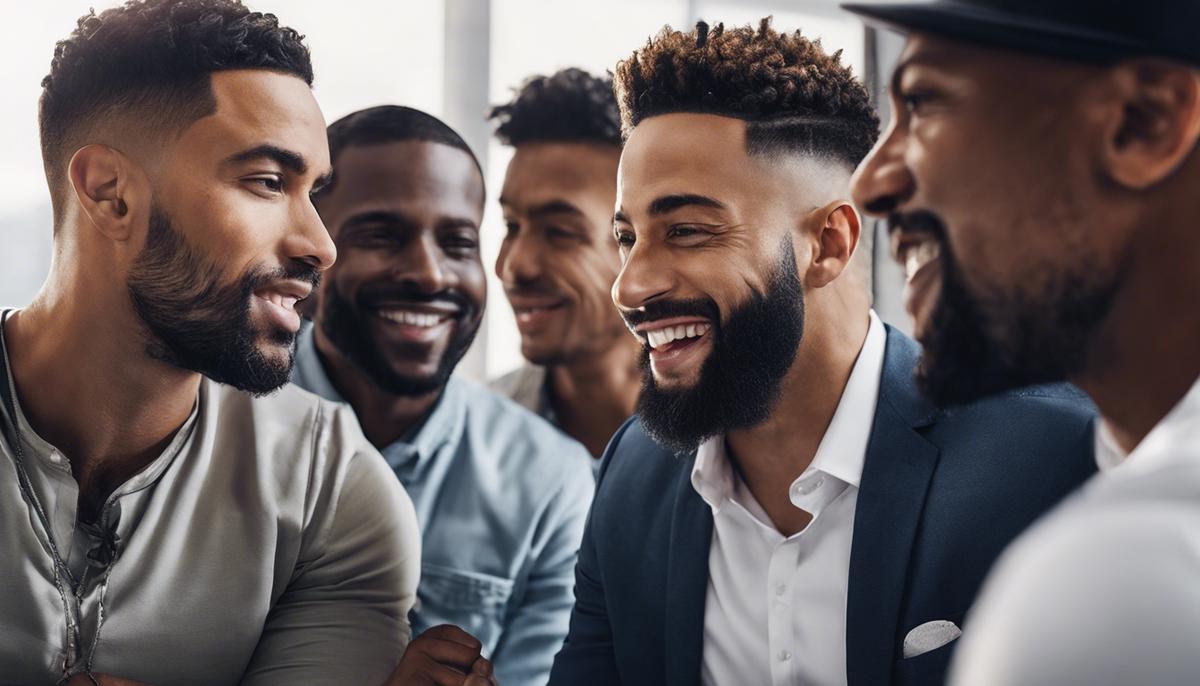 An image showing a diverse group of men talking and supporting each other in a supportive environment