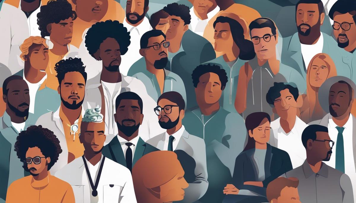 A graphic depicting diverse men with thought bubbles showing different mental health issues, symbolizing the prevalence of mental health issues among men.