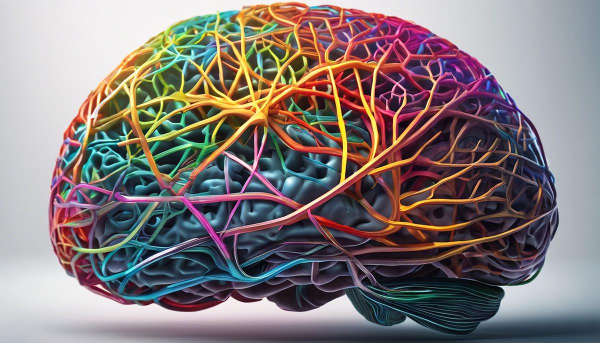 Illustration of a brain with colorful connections symbolizing the interplay between biological and scientific factors in mental health