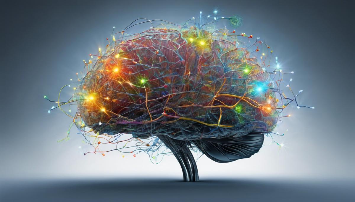 Visualization of brain activity and neural connections representing psychopathological changes in mental health disorders.